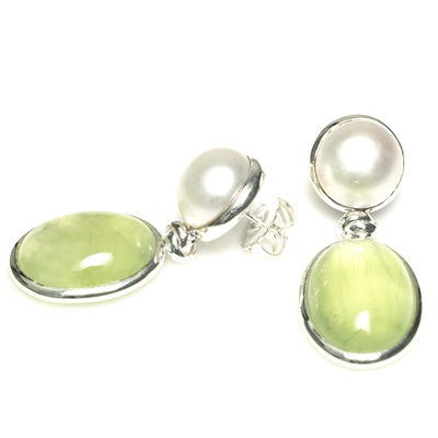 Unikat Ohrhänger Silber mit Süsswasser Perle und Prehnit 
