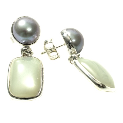Unikat Ohrhänger Silber mit Süsswasser Perle und Mondstein
